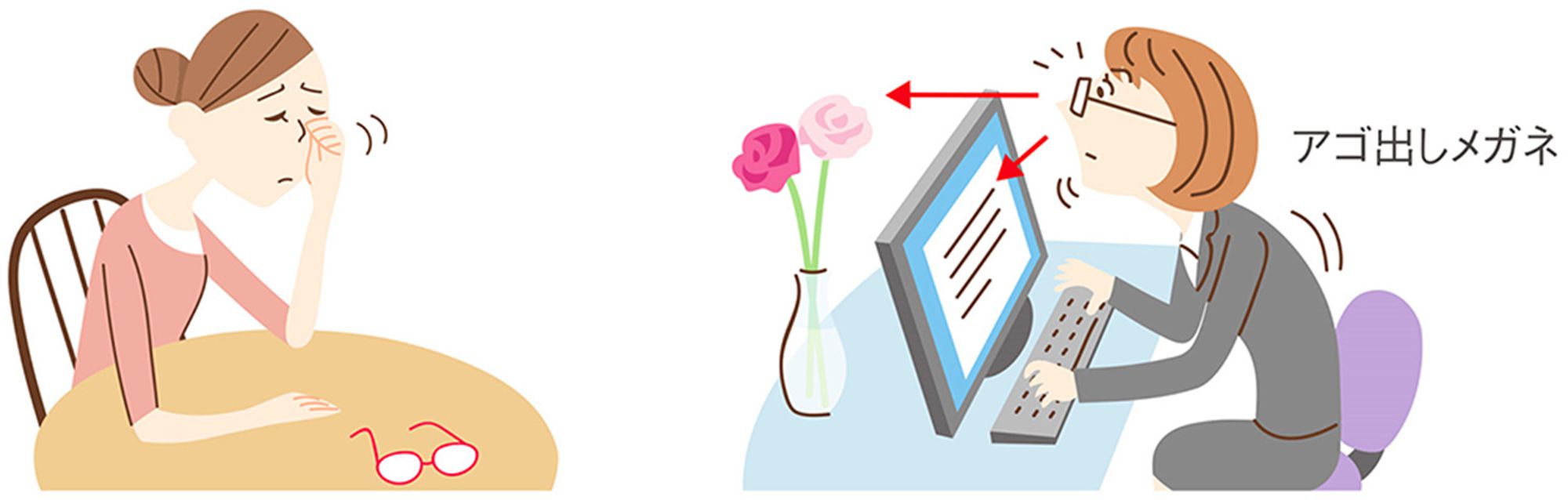 長時間の室内作業による目の疲れや、気になるこんなしぐさを、改善！